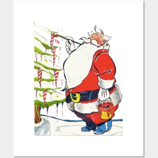 Santa Claus Painting the ice stalactites of the Christmas Pine Retro Vintage Comic Cartoon Posters and Art